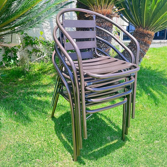 Indoor Outdoor Set of 4 Bronze Restaurant Metal Aluminum Slat Stack Chairs Lightweight