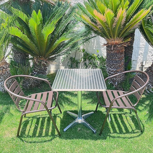 BTEXPERT Indoor Outdoor 23.75" Restaurant Stainless Steel Aluminum Metal Slat Stack Commercial Lightweight, 2 Chairs with a Square Table, Silver/Bronze