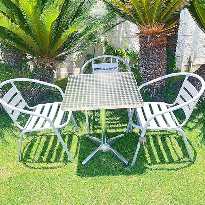 BTEXPERT Indoor Outdoor 23.75" Restaurant Stainless Steel Aluminum + 3 Silver Gray Metal Slat Stack Commercial Lightweight, 3 Chairs with a Square Table