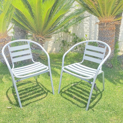 Gray Indoor Outdoor 23.75" Restaurant Stainless Steel Silver Aluminum + 2 Metal Slat Stack Commercial Lightweight, 2 Chairs with a Round Table
