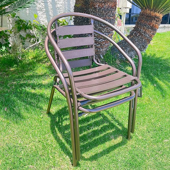 Indoor Outdoor 23.75" Restaurant Stainless Steel Aluminum Metal Slat Stack Commercial Lightweight, 2 Chairs with a Round Table, Silver/Bronze