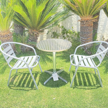 Gray Indoor Outdoor 23.75" Restaurant Stainless Steel Silver Aluminum + 2 Metal Slat Stack Commercial Lightweight, 2 Chairs with a Round Table