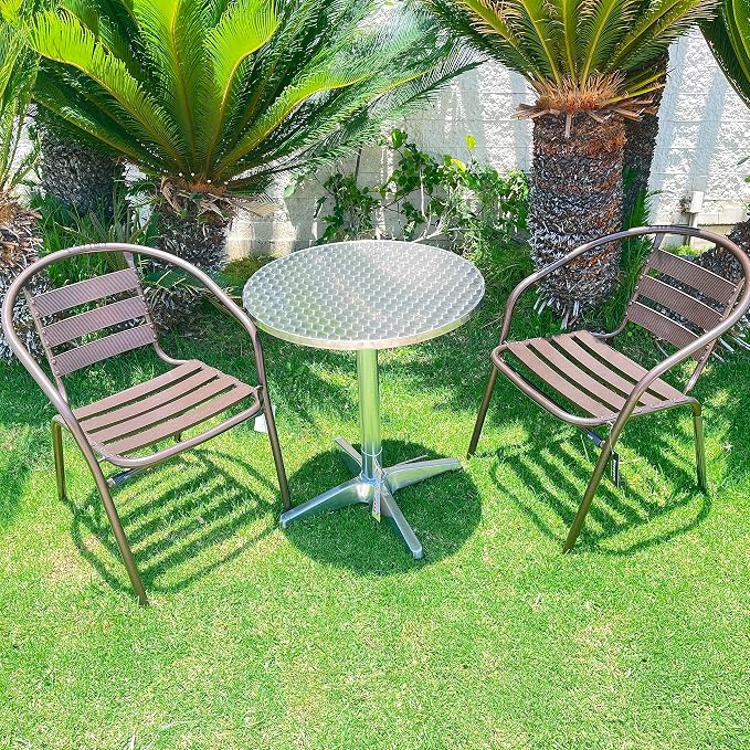 Indoor Outdoor 23.75" Restaurant Stainless Steel Aluminum Metal Slat Stack Commercial Lightweight, 2 Chairs with a Round Table, Silver/Bronze