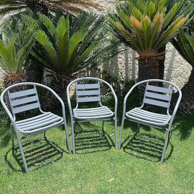BTEXPERT Indoor Outdoor 23.75" Restaurant Stainless Steel Aluminum + 3 Silver Gray Metal Slat Stack Commercial Lightweight, 3 Chairs with a Square Table