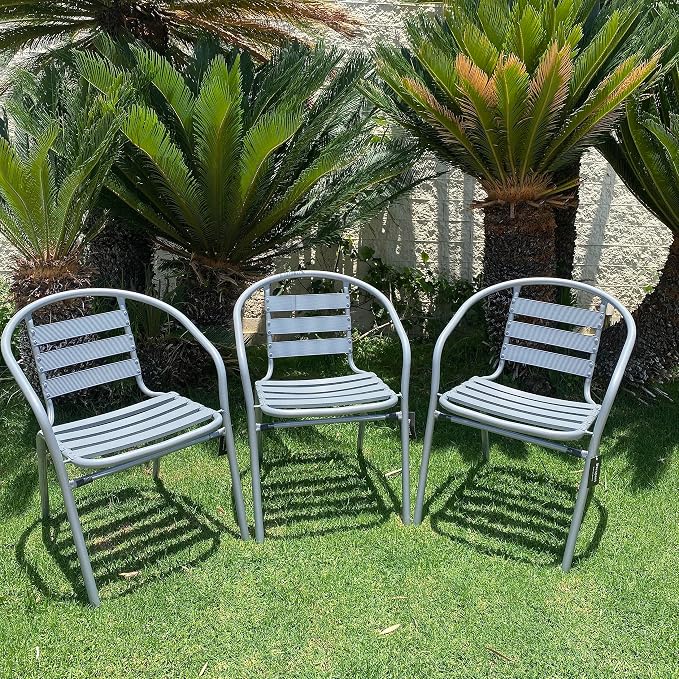 Indoor Outdoor 23.75" Restaurant Stainless Steel Aluminum + 3 Silver Gray Metal Slat Stack Commercial Lightweight, 3 Chairs with a Round Table