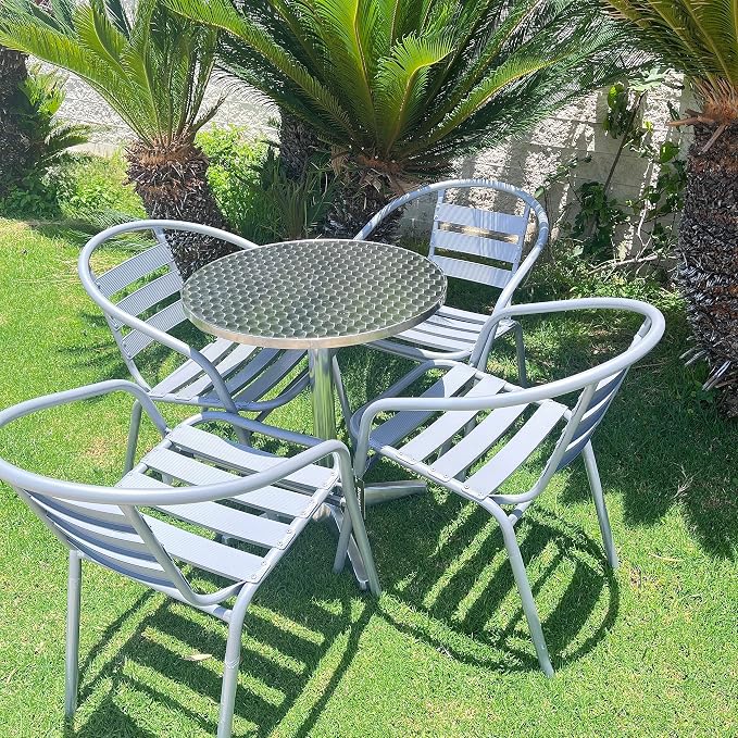 Gray Indoor Outdoor 23.75" Restaurant Stainless Steel Silver Aluminum + 4 Metal Slat Stack Lightweight, 4 Chairs with a Round Table