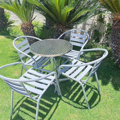 Gray Indoor Outdoor 23.75" Restaurant Stainless Steel Silver Aluminum + 4 Metal Slat Stack Lightweight, 4 Chairs with a Round Table