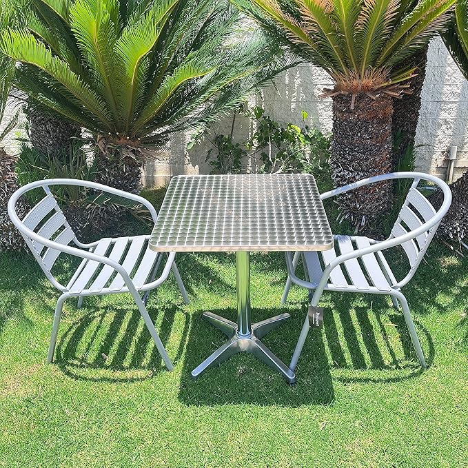BTEXPERT Indoor Outdoor 23.75" Restaurant Stainless Steel Aluminum + 2 Silver Gray Metal Slat Stack Commercial Lightweight, 2 Chairs with a Square Table