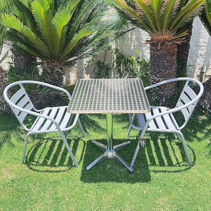 BTEXPERT Indoor Outdoor 23.75" Restaurant Stainless Steel Aluminum + 2 Silver Gray Metal Slat Stack Commercial Lightweight, 2 Chairs with a Square Table