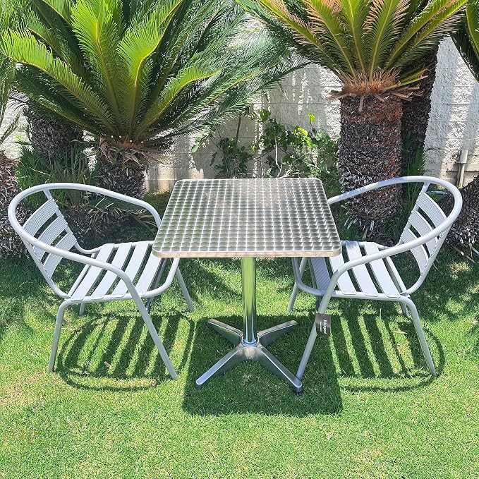 Indoor Outdoor Set of 2 Silver Gray Restaurant Metal Aluminum Slat Stack Chairs Lightweight