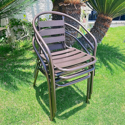 BTEXPERT Indoor Outdoor 23.75" Restaurant Stainless Steel Aluminum Metal Slat Stack Commercial Lightweight, 3 Chairs with a Square Table, Silver/Bronze