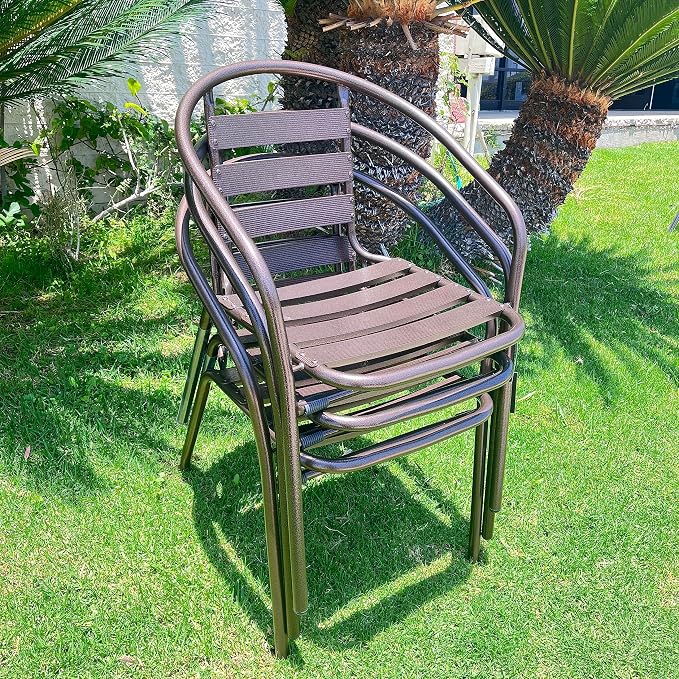 Indoor Outdoor 23.75" Restaurant Stainless Steel Aluminum Metal Slat Stack Commercial Lightweight, 3 Chairs with a Round Table, Silver/Bronze