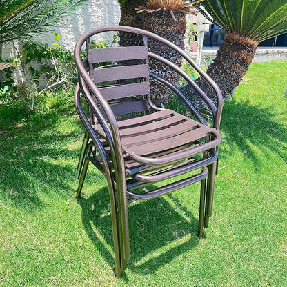 Indoor Outdoor 23.75" Restaurant Stainless Steel Aluminum Metal Slat Stack Commercial Lightweight, 3 Chairs with a Round Table, Silver/Bronze