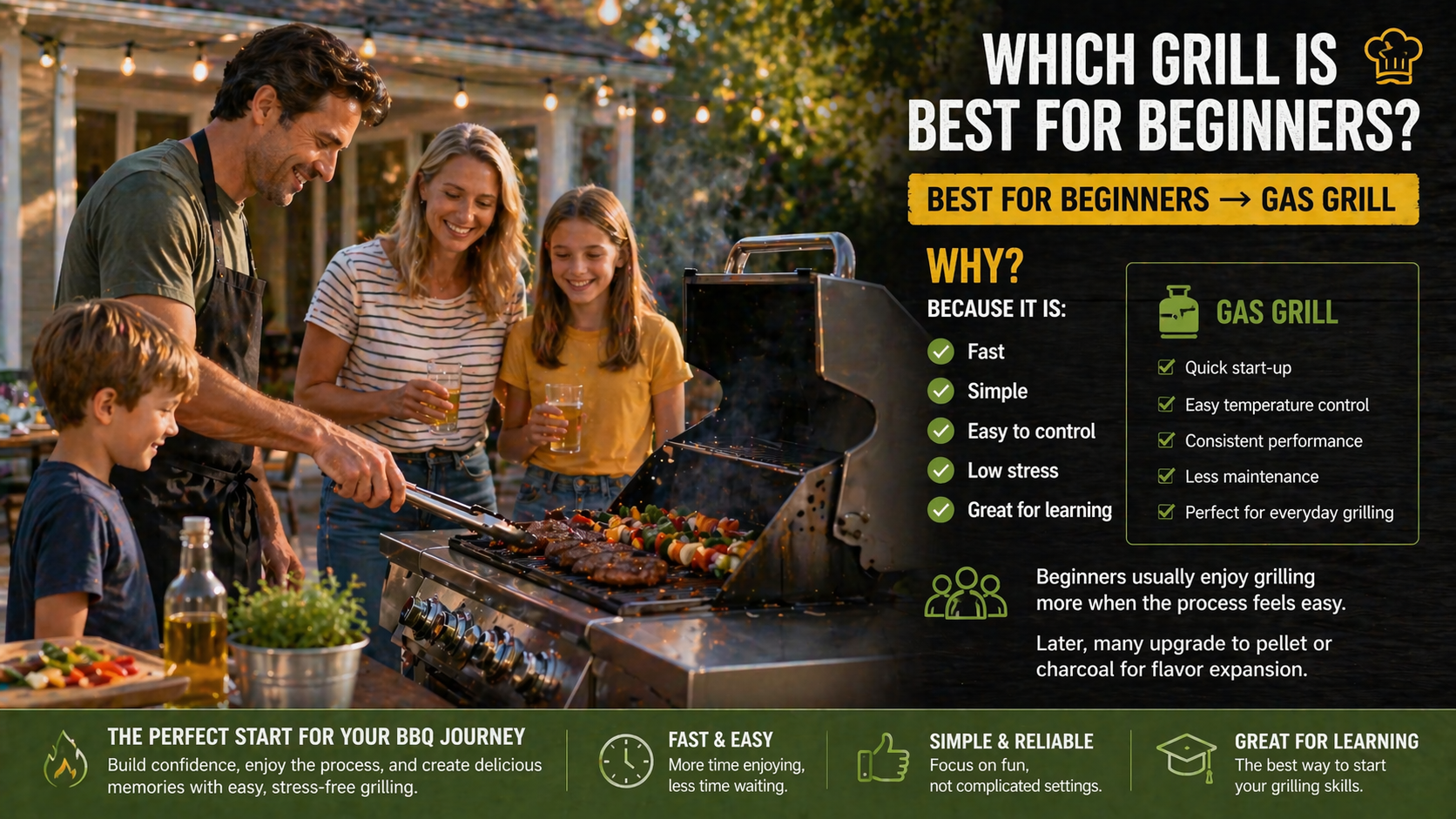 Family grilling outdoors with text about gas grills for beginners
