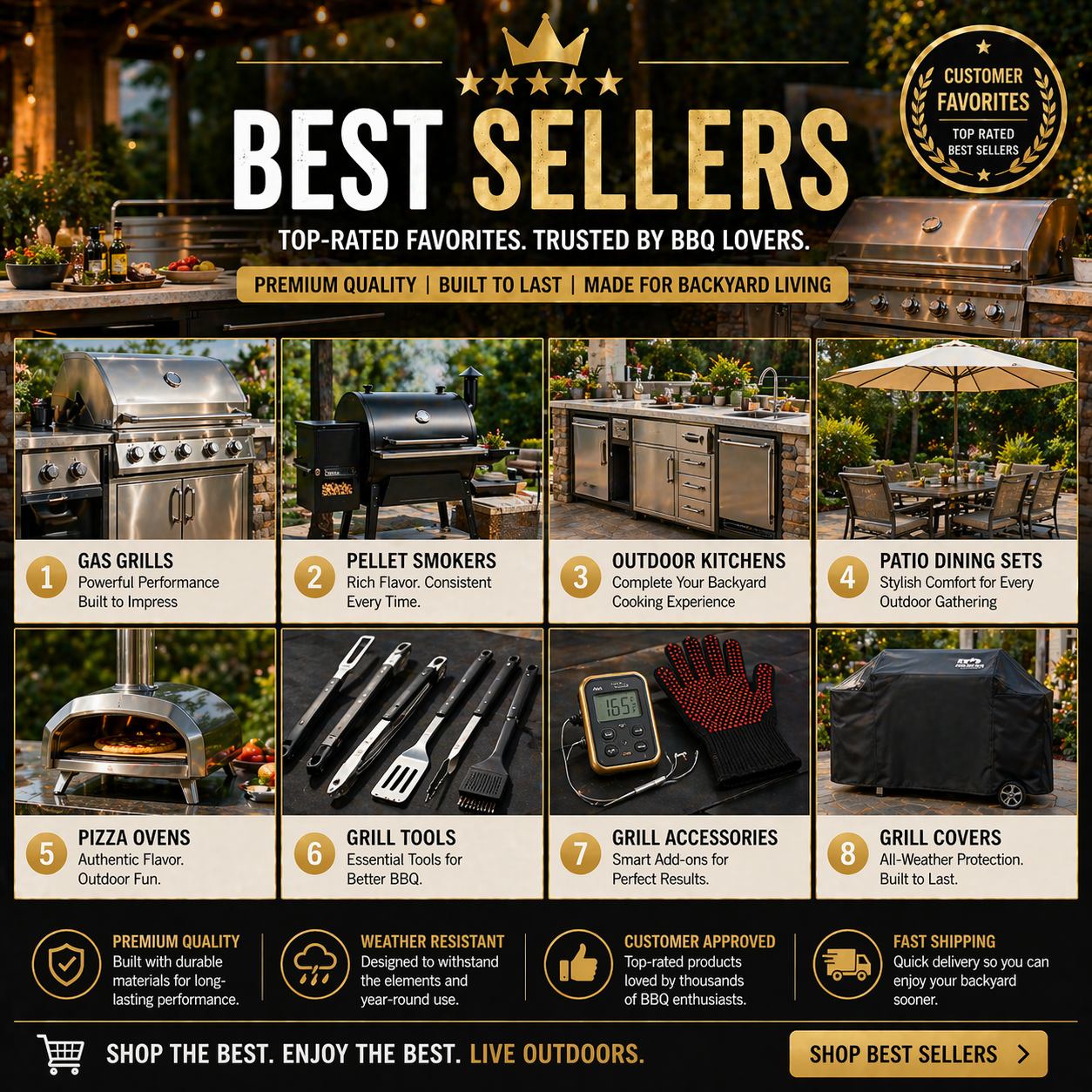 Advertisement for Best Sellers BBQ products with various grill items and outdoor furniture.