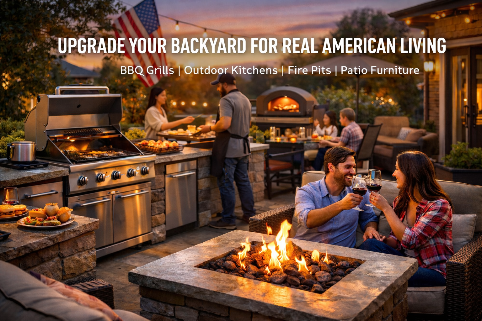 Outdoor living space with BBQ grill, fire pit, and people enjoying a meal.