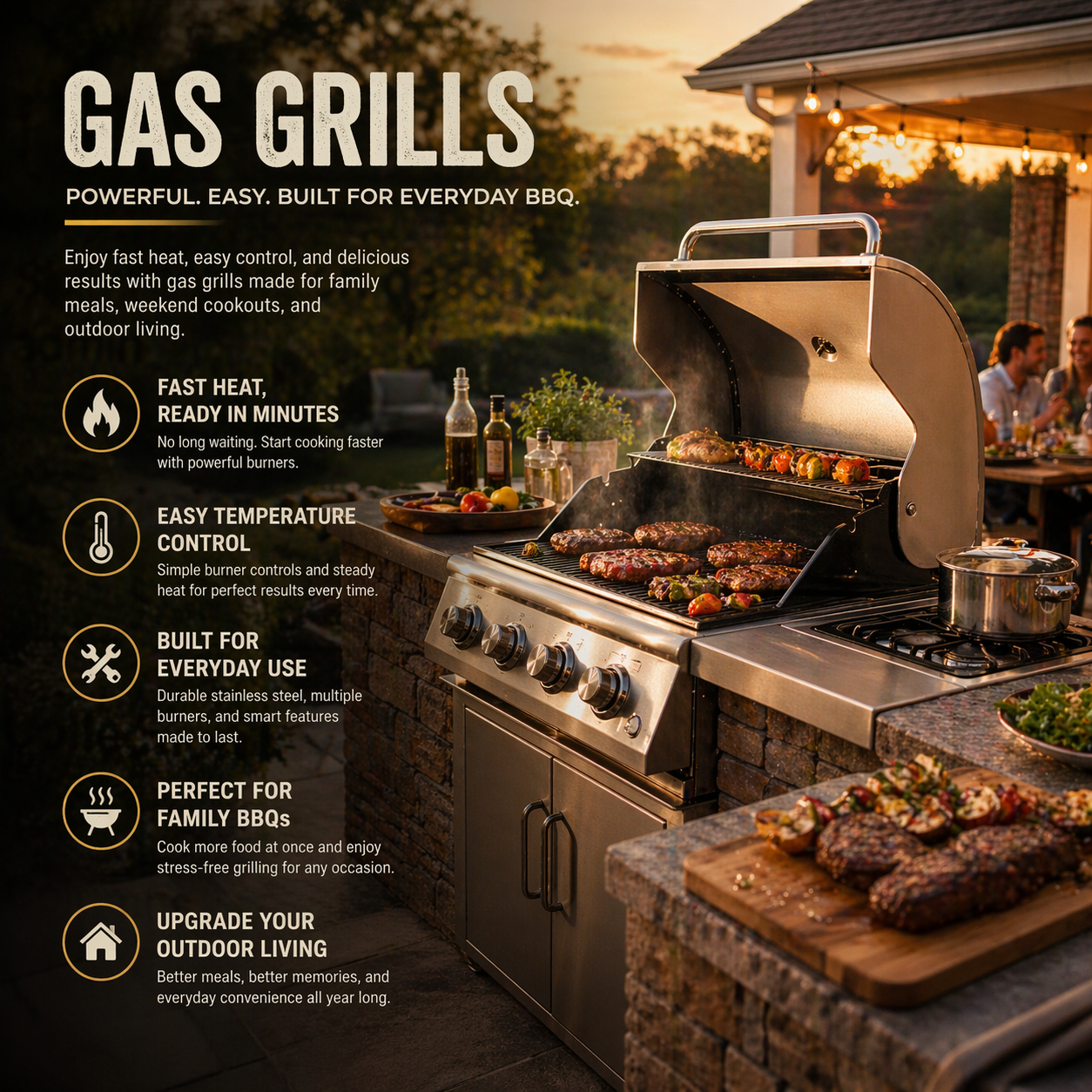 Gas grill with food being cooked outdoors, featuring text about gas grills.