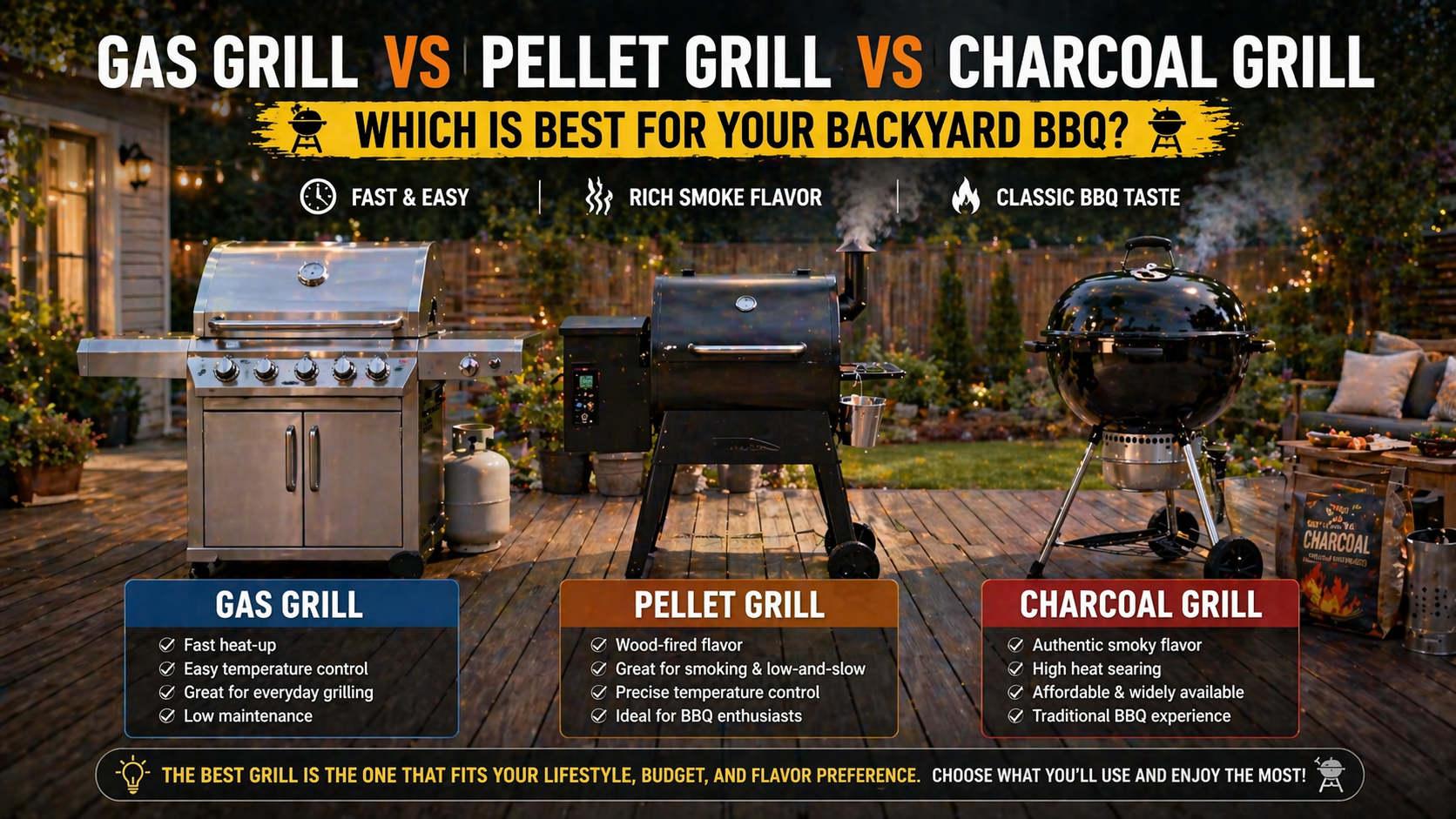 Comparison chart of gas grill, pellet grill, and charcoal grill with features and benefits displayed.