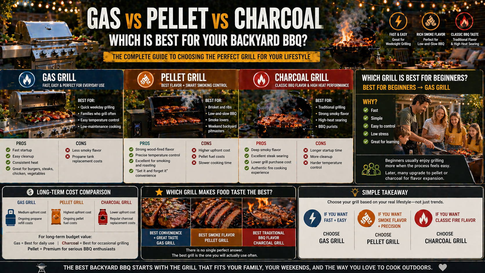 Comparison chart between gas, pellet, and charcoal grills for backyard BBQs.