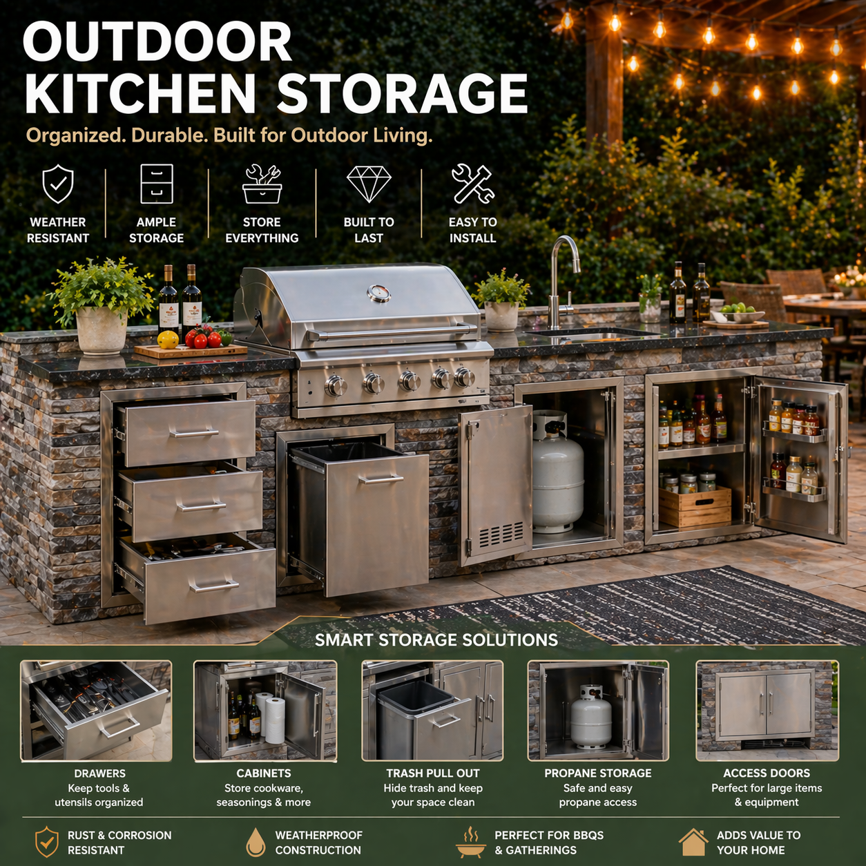 Outdoor kitchen storage solution with grill and cabinets, featuring text about features.